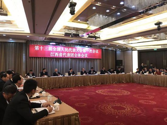 十三届全国人大一次会议江西代表团全体会议现场。(人民网记者 罗知之摄)