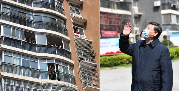 这是习近平在东湖新城社区考察时,向在家隔离居住的居民挥手致意、表示慰问(拼版照片)。 新华社记者 谢环驰 摄