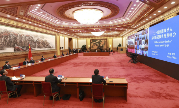 3月26日,国家主席习近平在北京出席二十国集团领导人应对新冠肺炎特别峰会并发表题为《携手抗疫 共克时艰》的重要讲话。新华社记者 庞兴雷 摄