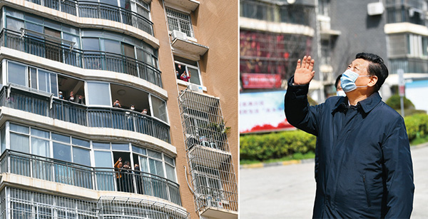 2020年3月10日,中共中央总书记、国家主席、中央军委主席习近平专门赴湖北省武汉市考察新冠肺炎疫情防控工作。这是习近平在东湖新城社区考察时,向在家隔离居住的居民挥手致意、表示慰问(拼版照片)。 新华社记者 谢环驰/摄