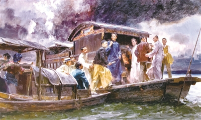 图①:中国共产党第一次全国代表大会于1921年7月23日至8月初在上海法租界望志路106号(今兴业路76号)和浙江嘉兴召开。图为油画《启航——中共一大会议》。 何红舟 黄发祥 作