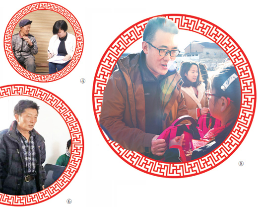 图④:梅杰(右)在了解扶贫产业发展情况。 图⑤:杨远帆(左一)为贫困学生送去学习用品。 图⑥:南赛在村委会研究扶贫工作。 资料照片