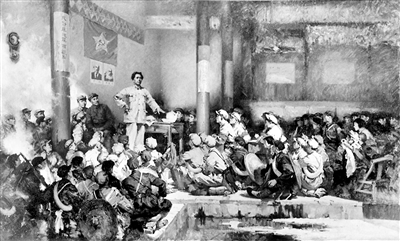 1929年12月底,中国共产党红军第4军第九次代表大会在福建省上杭县古田召开。古田会议在党的历史上以自我革命的方式纠正了党和红军自身存在的问题,使正确的建党建军原则逐步得以实行,显示了我们党极强的自我纠错和自我修复能力。图为油画《古田会议》。