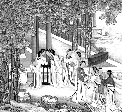 《桐荫乞巧图》,选自清代陈枚绘《月曼清游图册》,细致描绘了宫廷妇女的生活场景。古代七夕乞巧有这样一种方法,即乞巧者将一束银针撒入水中,观看银针排列出的图形,图形越好看,乞巧者的手就越灵巧,这幅图柱前几位妇女,围着一只碗站立,齐齐望向碗内,应该看的就是银针排列出的图形。