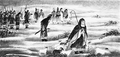 苏武被放逐北海牧羊,十九年持节不屈,就在于他心中有国、心中有家。此图作于抗战晚期,画家借助苏武的故事表达了中华民族威武不屈的民族气节和抗战必胜的信心。 苏武牧羊图 傅抱石绘 故宫博物院藏